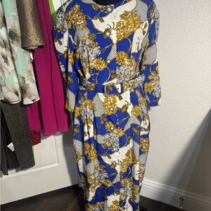 VINTAGE-1980s Chic Women's Blue and Gold Midi Dress